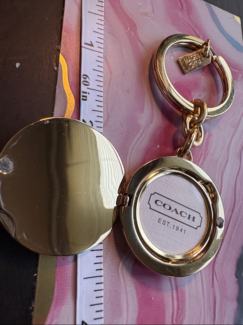 Coach Gold-Tone Round Leatherware Locket Keychain - Picture 3 of 5